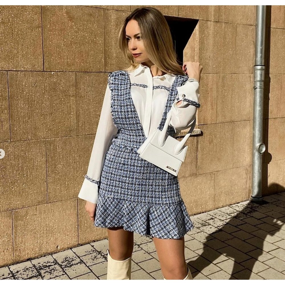 SOLD ZARA NEW WOMAN SS22 TEXTURED TWEED PINAFORE SKIRT Dress Medium BLUE - Picture 4 of 11